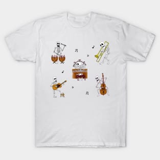 5 Skeleton Musicians - Piano, Drums, Guitar, Bass & Trombone T-Shirt